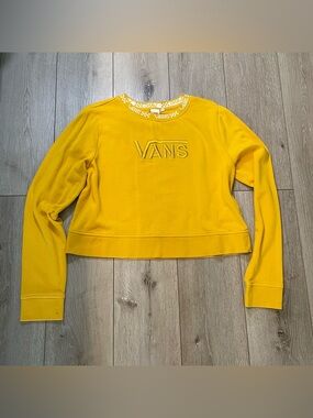 Vans Mustard Gold Cropped Sweatshirt - Checkered Neck Pullover Large Y2K style